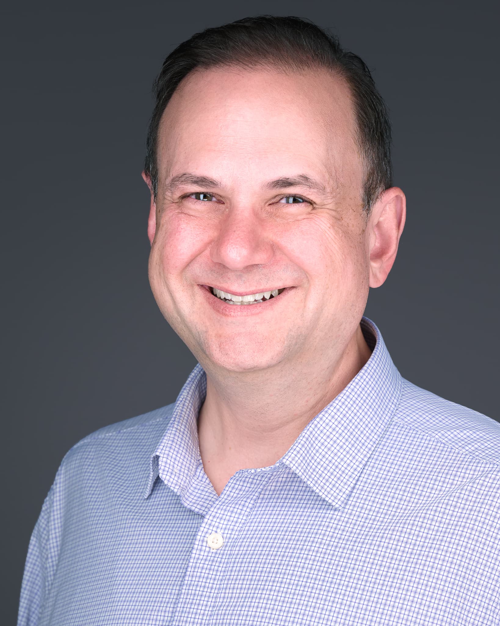 Color vertical headshot in a light blue micro-check shirt against a gray backdrop.